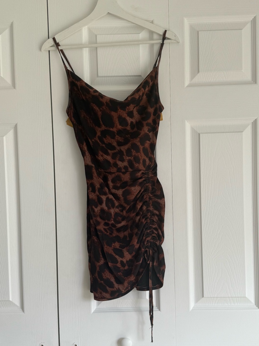 Brown Leopard Print Slip Dress with Side Ruched Detail